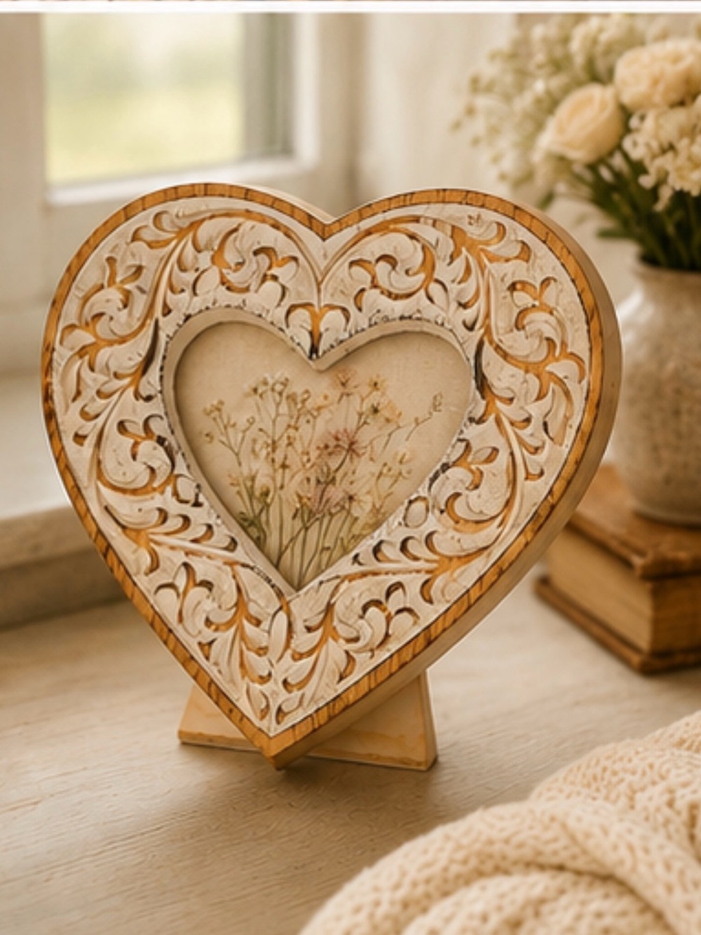 Carved Wood Heart Picture Frame Distressed White Cottagecore Romantic Decor